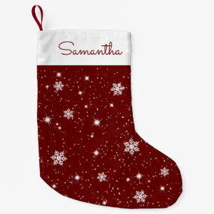 Meia De Natal Pequena Burgundy White Snowflakes Stars Padrão com Nome