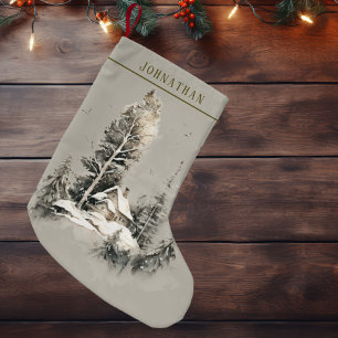Meia De Natal Pequena Cabana Rústica de Inverno em Aquarela