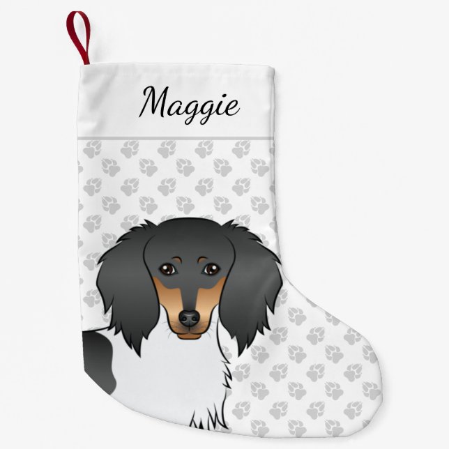 Meia De Natal Pequena Cabeça de Dachshund Piebald Preto e Castanho de Pe (Frente)