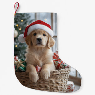 Meia De Natal Pequena Cachorro Adorável com Papai Noel na Cesta