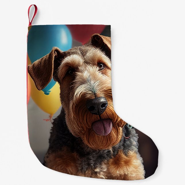 Meia De Natal Pequena Cachorro Airedale com bolo e balões (Frente)