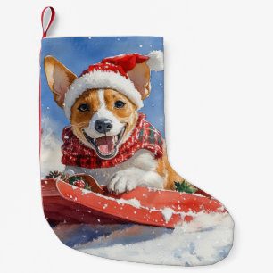 Meia De Natal Pequena Cachorro Basenji no Sledge Deixe-o nevar no Natal