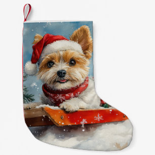 Meia De Natal Pequena Cachorro Biewer Terrier no Trenó Deixe Nevar Natal