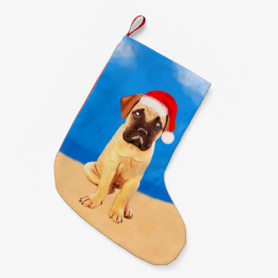 Meia De Natal Pequena Cachorro Bullmastiff No Chapéu De Natal Da Praia