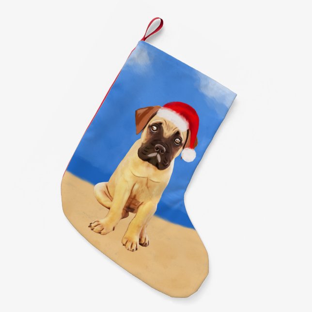 Meia De Natal Pequena Cachorro Bullmastiff No Chapéu De Natal Da Praia (Frente (Pendurada))