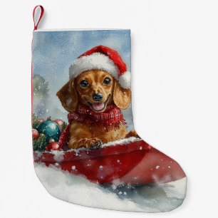 Meia De Natal Pequena Cachorro Dachshund no Trenó Deixe Nevar Natal