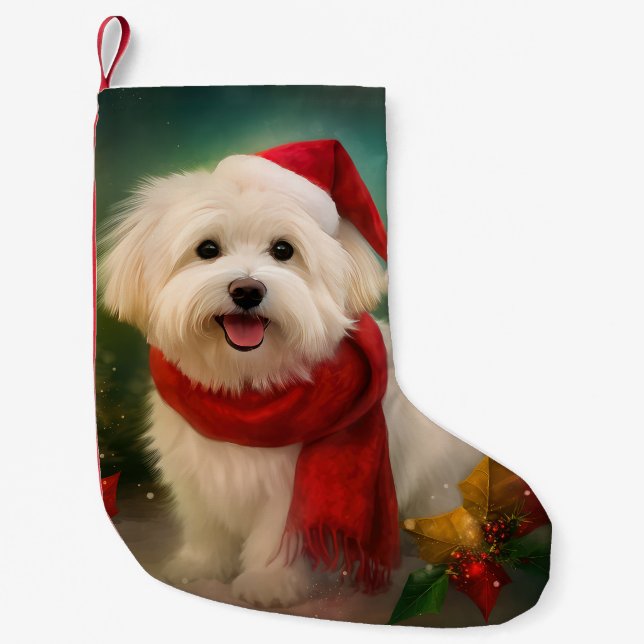 Meia De Natal Pequena Cachorro de Coton de Tulear no Natal da Neve (Frente)