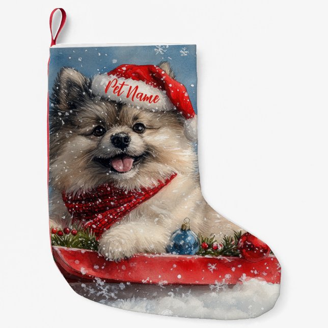 Meia De Natal Pequena Cachorro de Keeshond Personalizado no Natal de Sle (Frente)