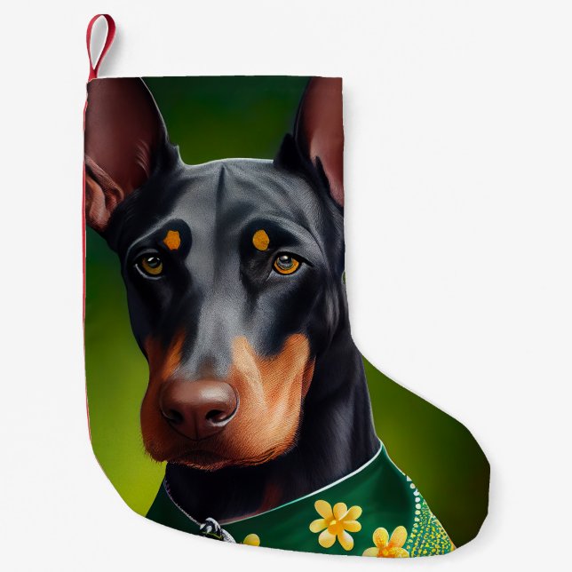 Meia De Natal Pequena Cachorro Doberman na Rua. (Frente)