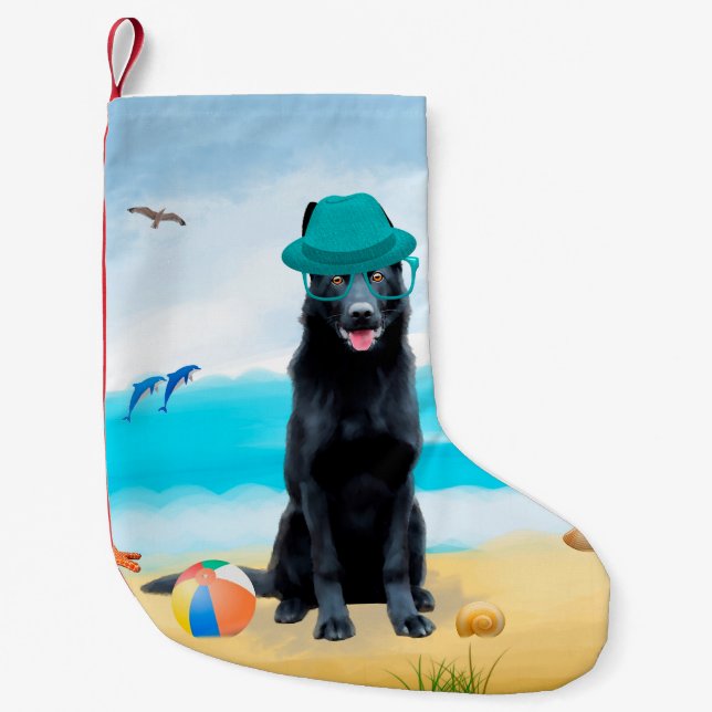 Meia De Natal Pequena Cachorro German shepherd Negro na praia (Frente)