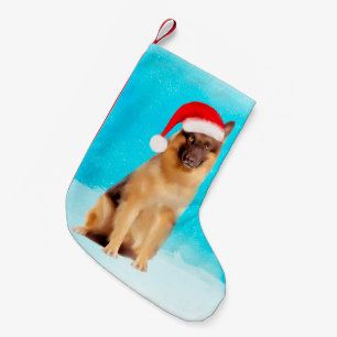 Meia De Natal Pequena Cachorro german shepherd Sentado Em Neve Santa Hat