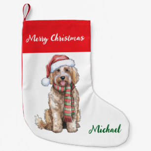 Meia De Natal Pequena Cachorro Goldendoodle Personalizado com Chapéu de