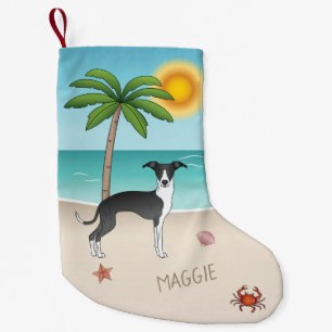 Meia De Natal Pequena Cachorro Iggy Preto e Branco na Praia Tropical de