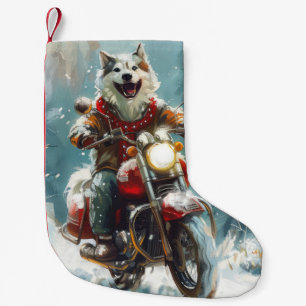 Meia De Natal Pequena Cachorro Malamute do Alasca Pilotando Moto Natal