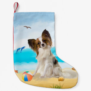Meia De Natal Pequena Cachorro Papillon na Praia
