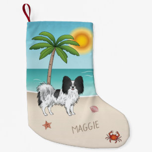 Meia De Natal Pequena Cachorro Papillon Preto e Branco Praia de Verão Tr