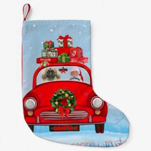 Meia De Natal Pequena Cachorro Pekingês No Carro Com Papai Noel