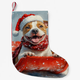 Meia De Natal Pequena Cachorro Pitbull no Trenó Deixe Nevar Natal