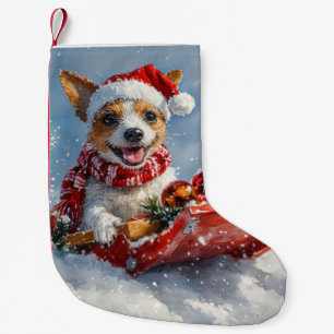 Meia De Natal Pequena Cachorro Rat Terrier no Trenó Deixe Nevar Natal