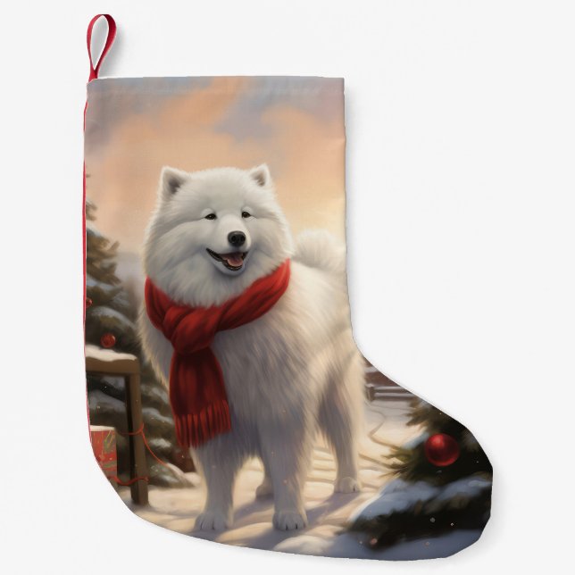 Meia De Natal Pequena Cachorro Samoyed no Natal da Neve (Frente)