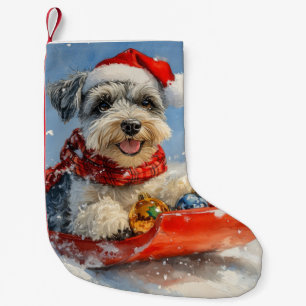 Meia De Natal Pequena Cachorro Schnauzer no Trenó Deixe Nevar Natal