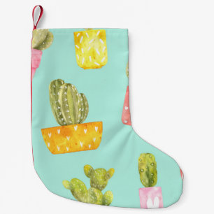 Meia De Natal Pequena Cactos picantes em potes, padrão de aquarela.