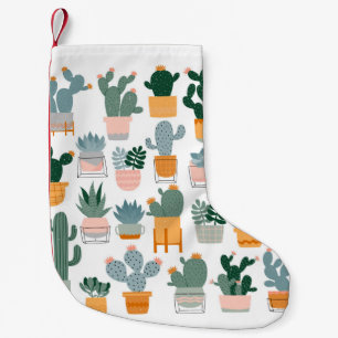 Meia De Natal Pequena Cactus e suculentos em potes sobre fundo branco.