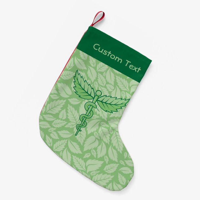 Meia De Natal Pequena Caduceus com Folhas no Natal (Frente (Pendurada))