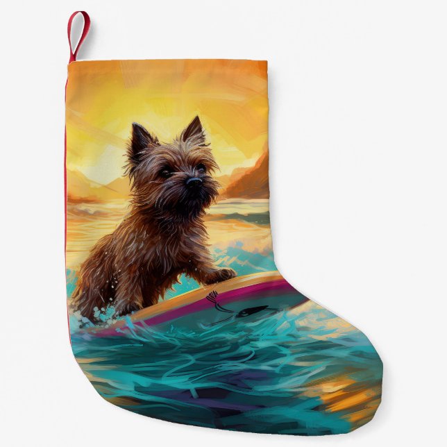 Meia De Natal Pequena Cairn Terrier Beach Surfing Painting (Frente)
