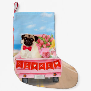 Meia De Natal Pequena Caminhão do Dia dos Namorados do Pug com Corações
