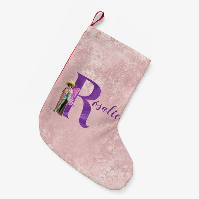 Meia De Natal Pequena Campy Purple Shimmer Fairy - Letra R Personalizada (Frente (Pendurada))