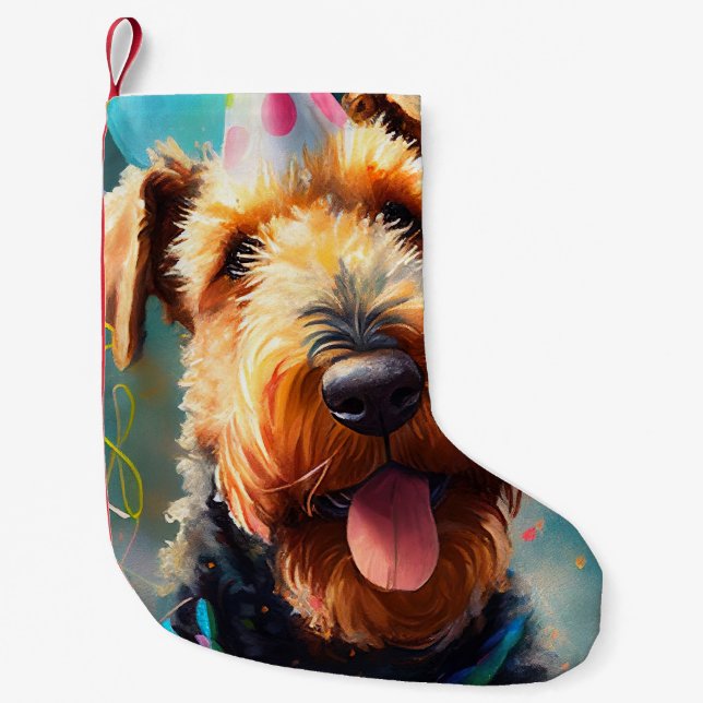 Meia De Natal Pequena Cão Airedale com chapéu de aniversário e balões (Frente)