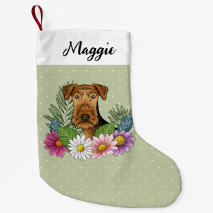 Meia De Natal Pequena Cão Airedale Terrier Com Flores Coloridas Verdes