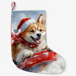 Meia De Natal Pequena Cão Akita em Trenó Deixe Nevar Natal