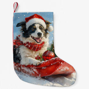 Meia De Natal Pequena Cão Border Collie em Trenó Deixe Nevar Natal 