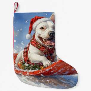Meia De Natal Pequena Cão Bull Terrier no Trenó Deixe Nevar Natal