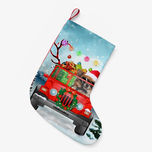 Meia De Natal Pequena Cão Chihuahua com presentes de Natal (Frente (Pendurada))