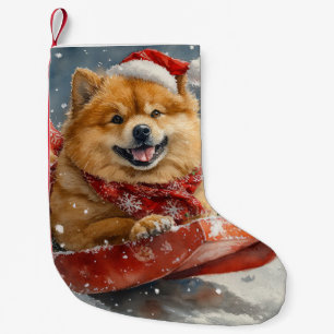 Meia De Natal Pequena Cão Chow Chow no Trenó Deixe Nevar Natal