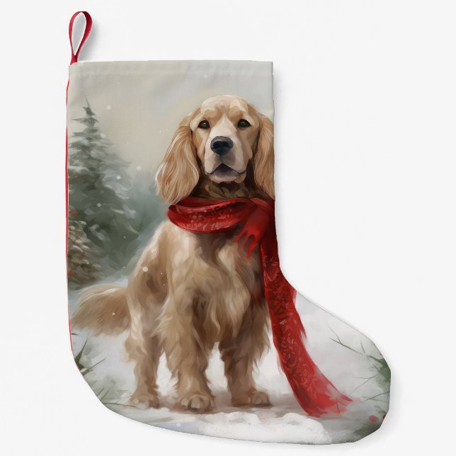 Meia De Natal Pequena Cão Cocker Spaniel na Neve Natal (Frente)