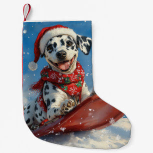 Meia De Natal Pequena Cão Dalmata em Trenó Deixe Nevar Natal