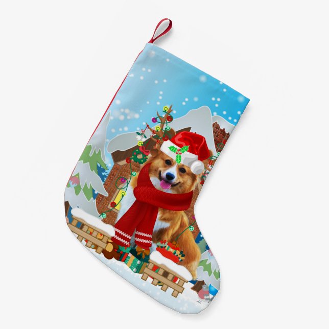 Meia De Natal Pequena Cão de Corgi com presentes de Natal (Frente (Pendurada))