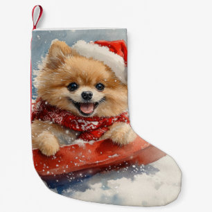 Meia De Natal Pequena Cão Pomerânia no Trenó Deixe Nevar Natal