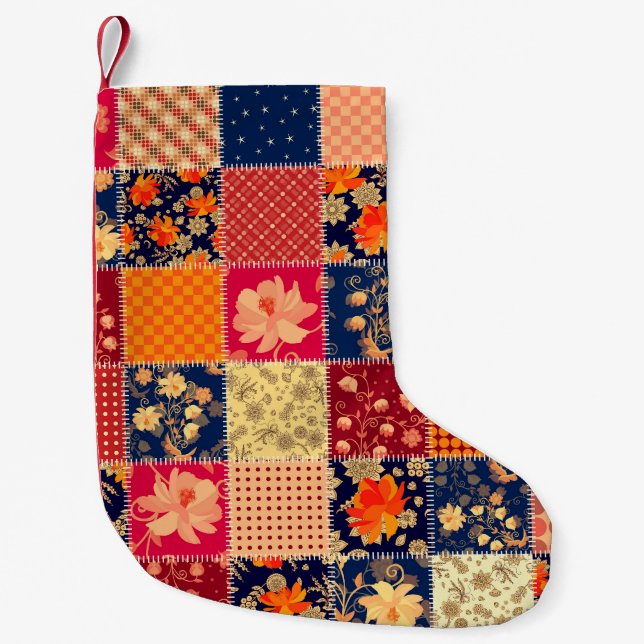 Meia De Natal Pequena Caractere de patch: Combinação Floral e Geométrica (Frente)