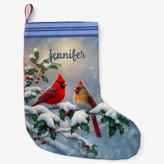 Meia De Natal Pequena Cardeais-vermelhos e Azevinho na Neve