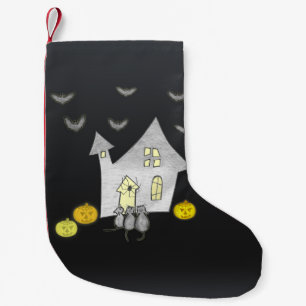 Meia De Natal Pequena Casa de Halloween, Gatos Pretos, Morcegos, Abóbora