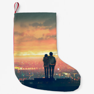 Meia De Natal Pequena casal jovem no topo do teto olhando para c