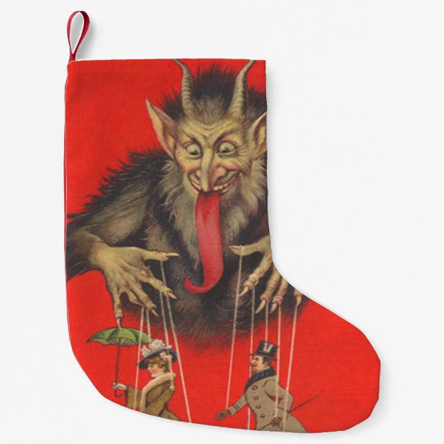 Meia De Natal Pequena Casal vermelho Krampus Puppeteer (Frente)