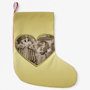 Meia De Natal Pequena Casal Vintage Romance, homem e mulher, ouro