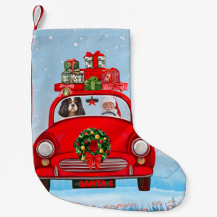 Meia De Natal Pequena Cavalier King Dog Em Carro Com Papai Noel