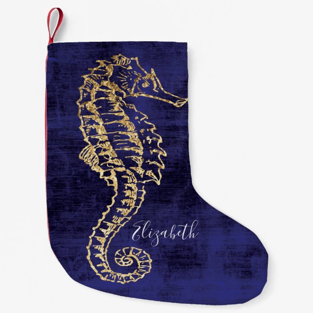 Meia De Natal Pequena Cavalo Dourado Elegante azul de praia (Frente)